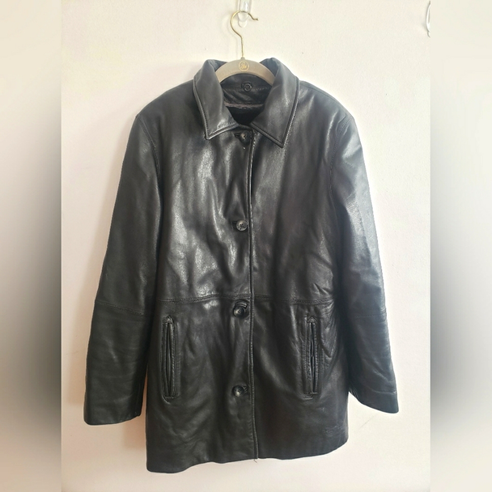 Sienna Studio Womens Black Leather Coat w/ Removable Faux Fur Lining~ Size Small